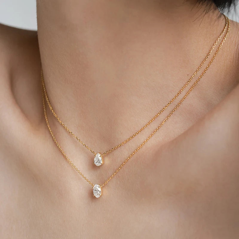 INS Minimalist Small Waterdrop Oval Pendant Necklace Stainless Steel 18K Gold Color Cubic Zirconia Collar Necklace Fashion Gift