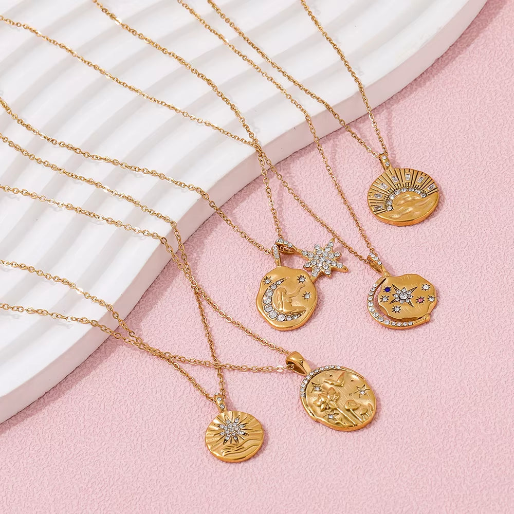 Joolim 18K PVD Gold Plated Waterproof Tarnish Free Moon Star Sun Zirconia Coin Pendant Stainless Steel Necklace Fashion Jewelry