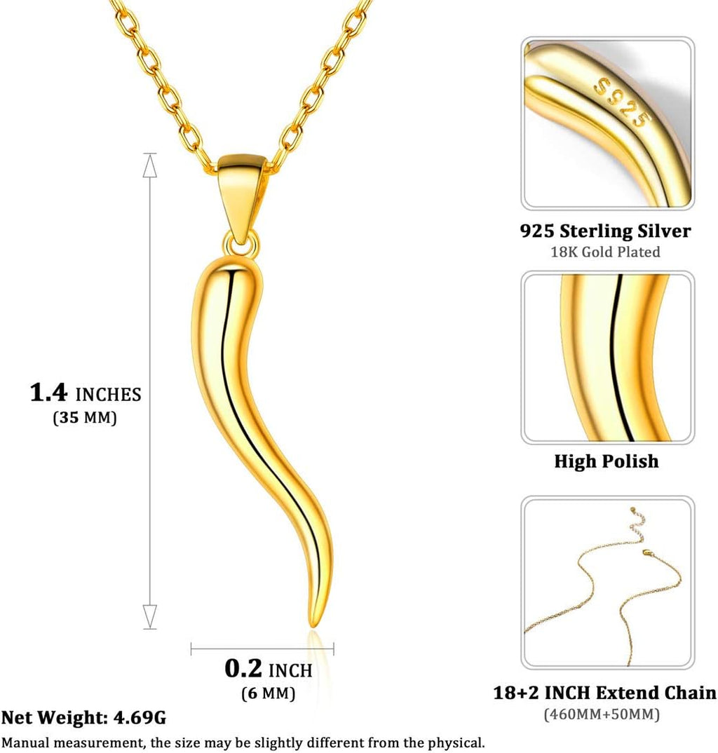925 Sterling Silver Lucky Italian Horn Pendant Necklace Protection Amulet Jewelry for Women, Silver/Gold Plated/Rose Gold Plated