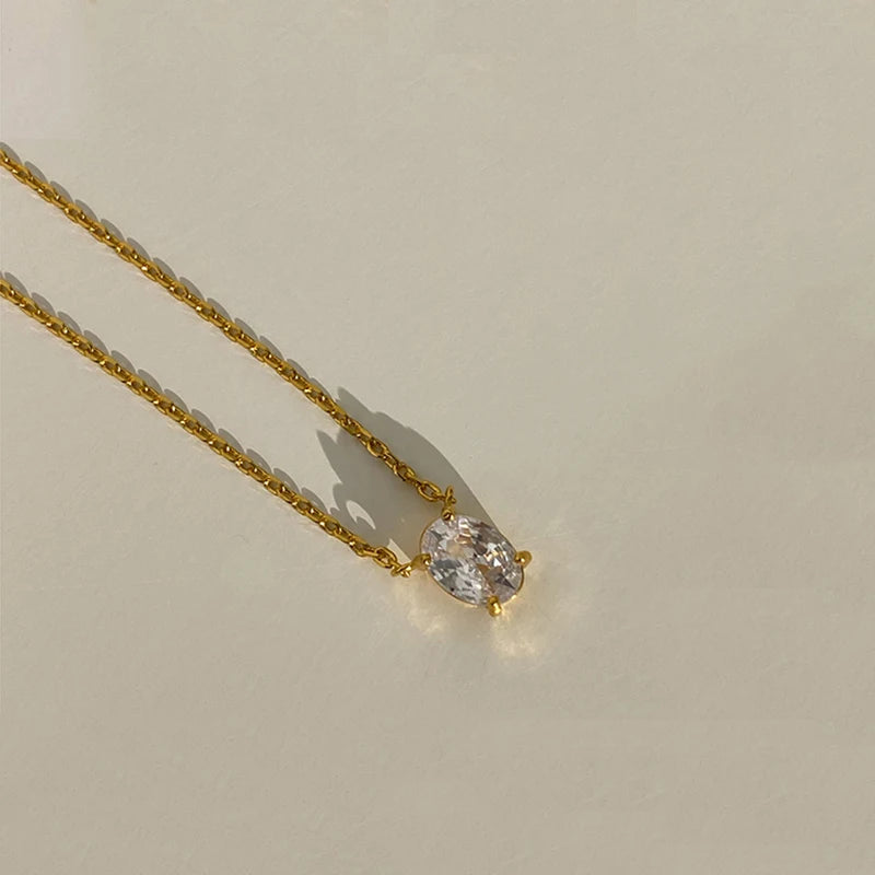 INS Minimalist Small Waterdrop Oval Pendant Necklace Stainless Steel 18K Gold Color Cubic Zirconia Collar Necklace Fashion Gift