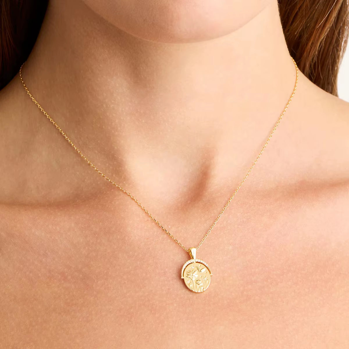 Joolim 18K PVD Gold Plated Waterproof Tarnish Free Moon Star Sun Zirconia Coin Pendant Stainless Steel Necklace Fashion Jewelry