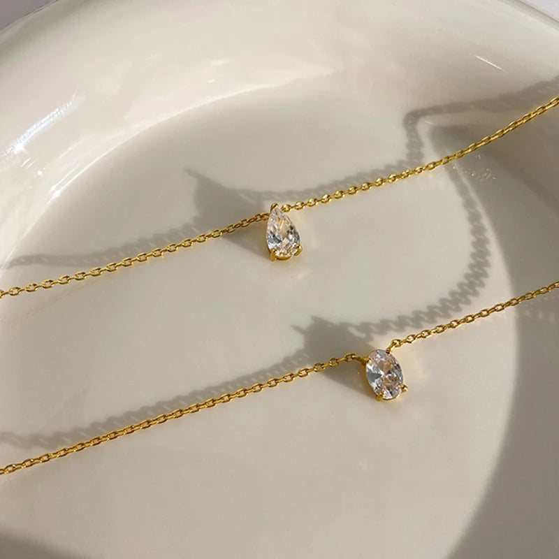INS Minimalist Small Waterdrop Oval Pendant Necklace Stainless Steel 18K Gold Color Cubic Zirconia Collar Necklace Fashion Gift