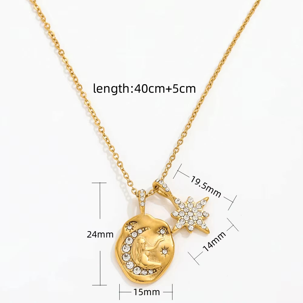 Joolim 18K PVD Gold Plated Waterproof Tarnish Free Moon Star Sun Zirconia Coin Pendant Stainless Steel Necklace Fashion Jewelry