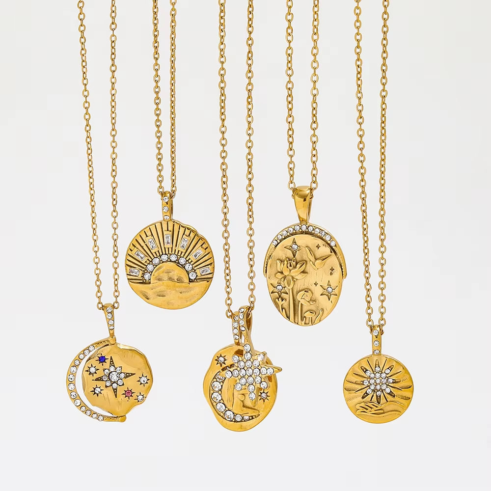 Joolim 18K PVD Gold Plated Waterproof Tarnish Free Moon Star Sun Zirconia Coin Pendant Stainless Steel Necklace Fashion Jewelry