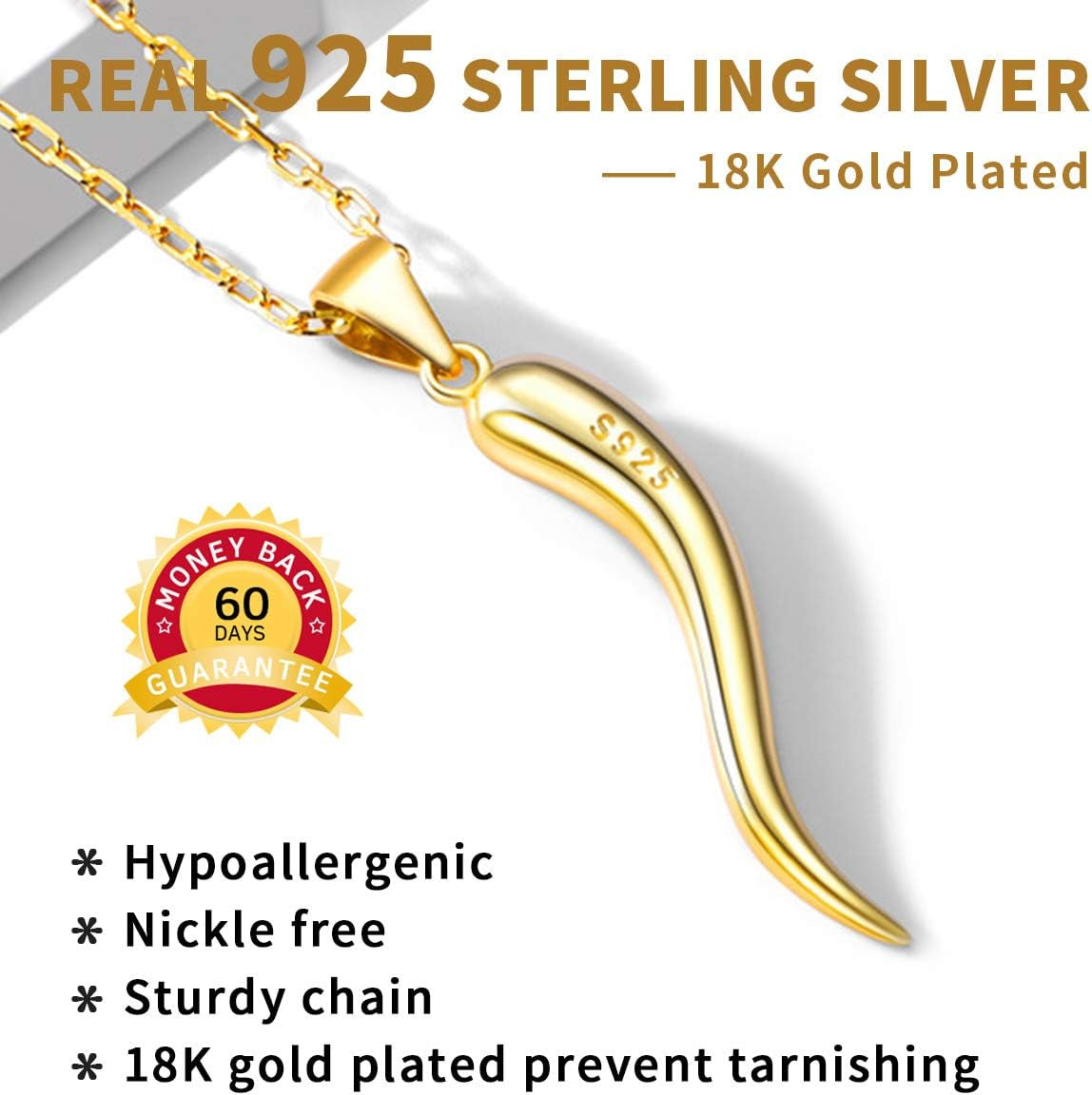 925 Sterling Silver Lucky Italian Horn Pendant Necklace Protection Amulet Jewelry for Women, Silver/Gold Plated/Rose Gold Plated