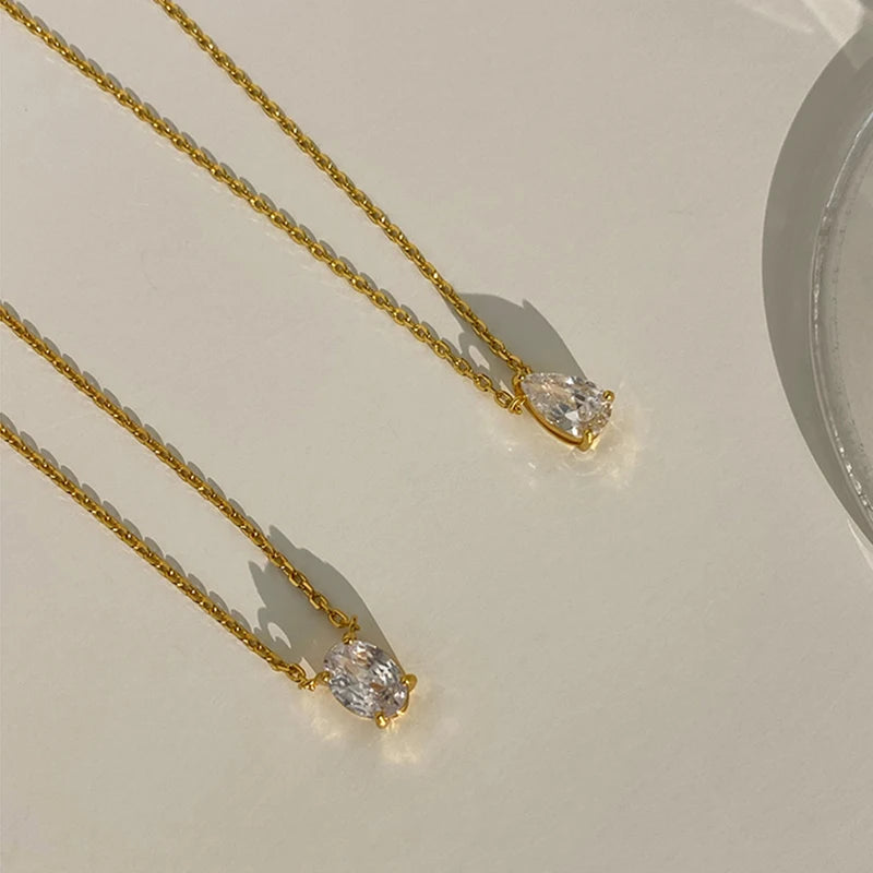 INS Minimalist Small Waterdrop Oval Pendant Necklace Stainless Steel 18K Gold Color Cubic Zirconia Collar Necklace Fashion Gift