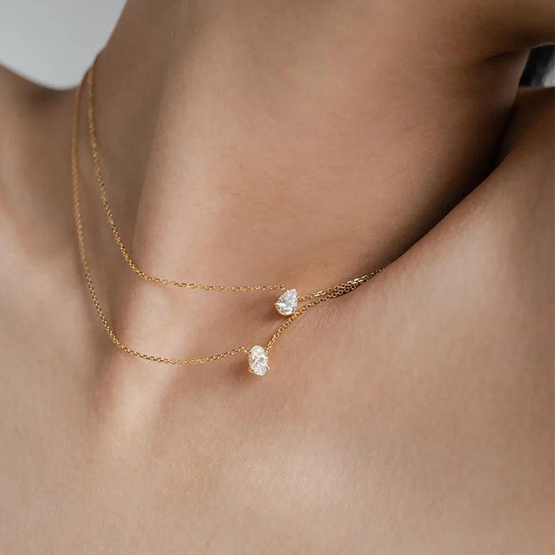 INS Minimalist Small Waterdrop Oval Pendant Necklace Stainless Steel 18K Gold Color Cubic Zirconia Collar Necklace Fashion Gift