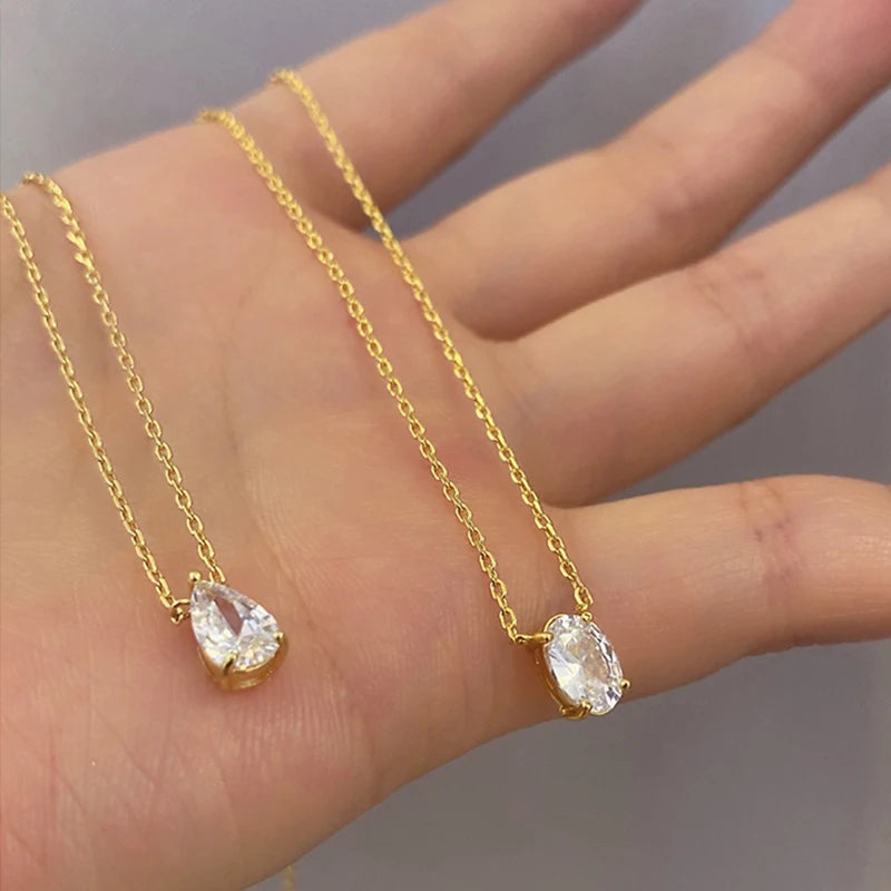 INS Minimalist Small Waterdrop Oval Pendant Necklace Stainless Steel 18K Gold Color Cubic Zirconia Collar Necklace Fashion Gift