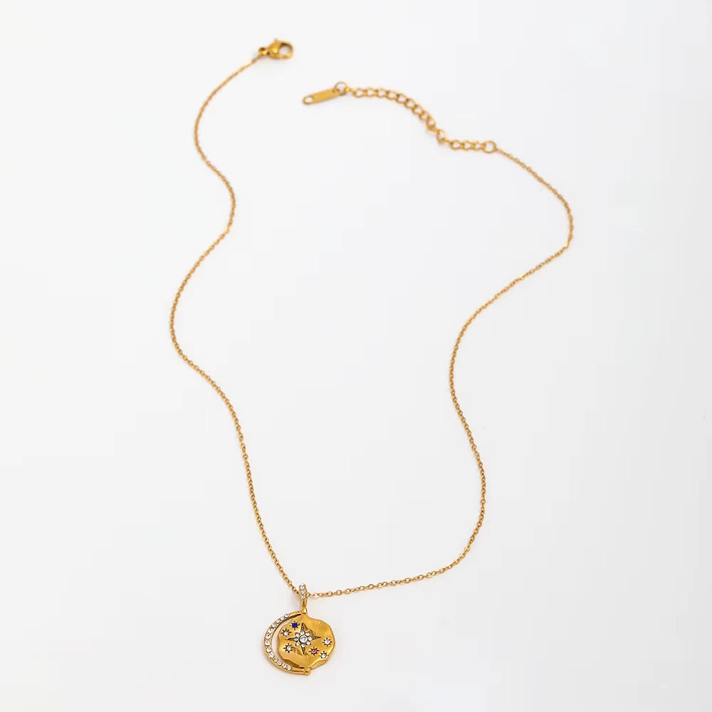 Joolim 18K PVD Gold Plated Waterproof Tarnish Free Moon Star Sun Zirconia Coin Pendant Stainless Steel Necklace Fashion Jewelry