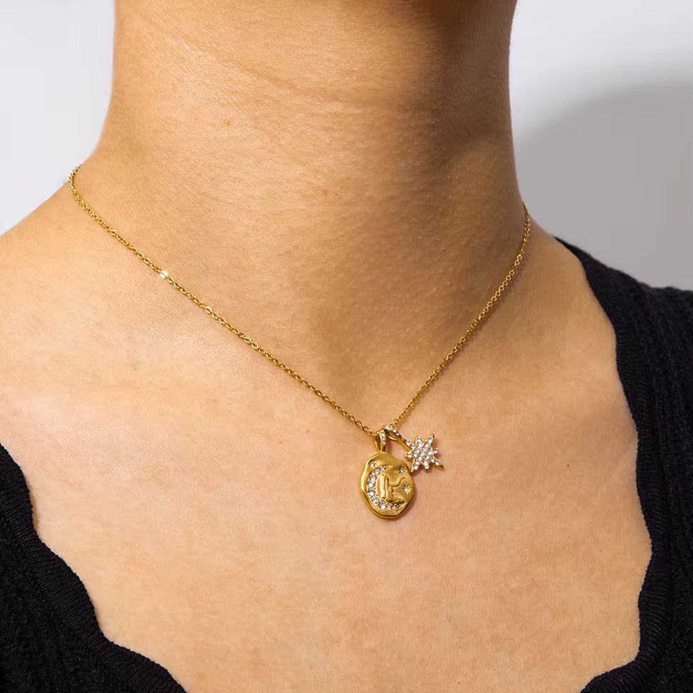 Joolim 18K PVD Gold Plated Waterproof Tarnish Free Moon Star Sun Zirconia Coin Pendant Stainless Steel Necklace Fashion Jewelry