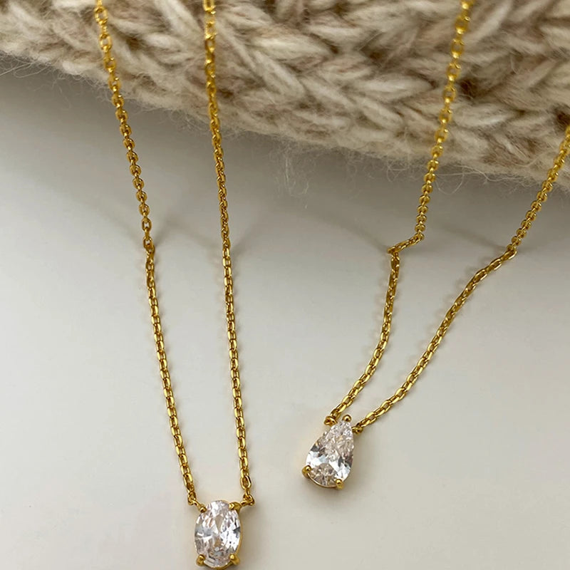INS Minimalist Small Waterdrop Oval Pendant Necklace Stainless Steel 18K Gold Color Cubic Zirconia Collar Necklace Fashion Gift